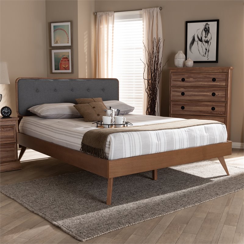Baxton Studio Dilara Mid-Century Wood and Fabric Full Platform Bed in Dark Gray