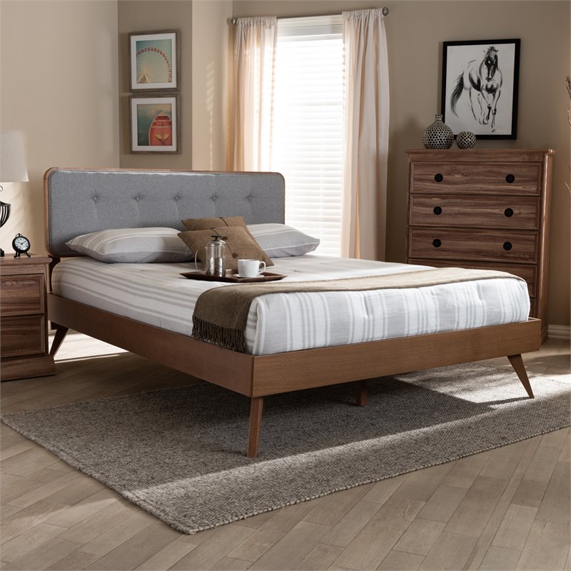 Baxton Studio Dilara Mid-Century Wood and Fabric Queen Platform Bed - Light Gray