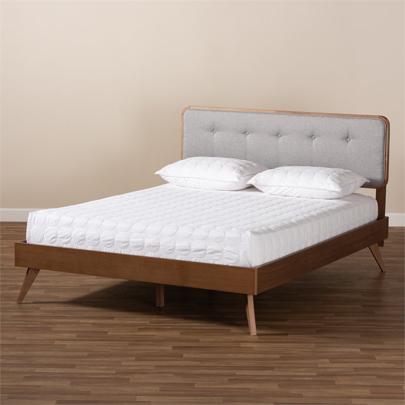Baxton Studio Dilara Mid-Century Wood and Fabric Queen Platform Bed - Light Gray