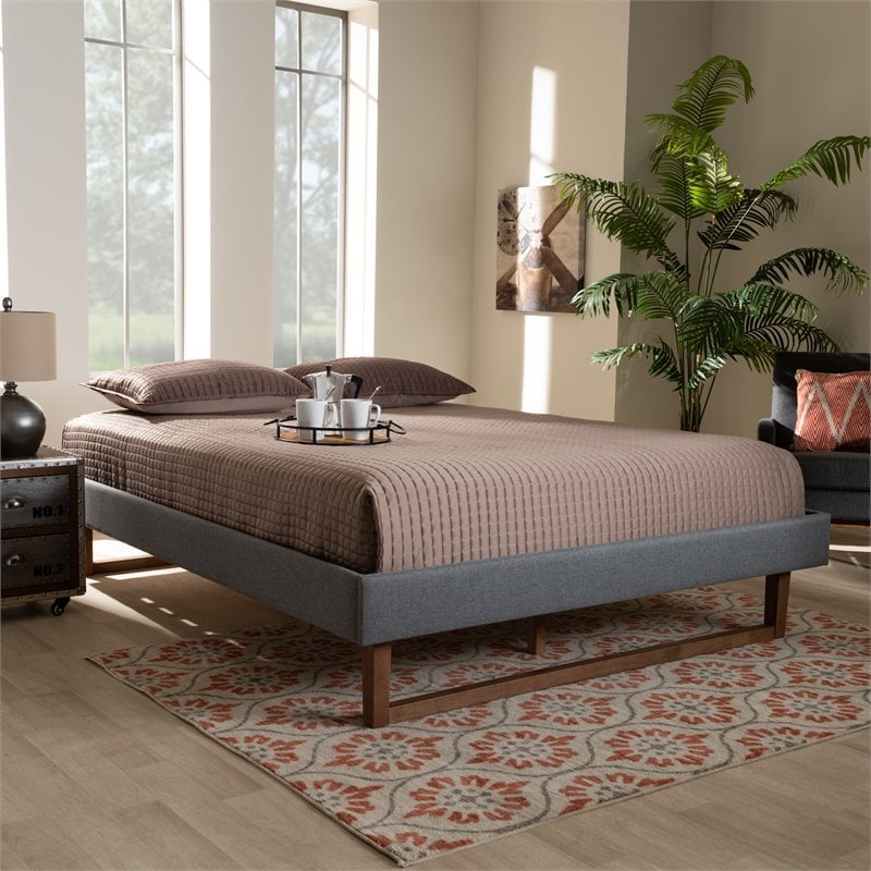 Baxton Studio Liliya Mid-Century Wood and Fabric Queen Platform Bed in Dark Gray