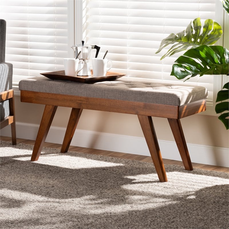 Baxton Studio Alona Mid-Century Upholstered Wood Bench in Light Gray