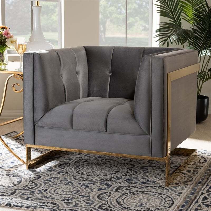 baxton studio ambra velvet fabric with gold finish accent chair in gray