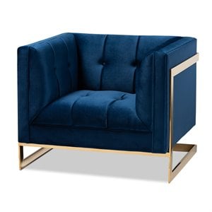 baxton studio ambra velvet fabric with gold finish accent chair in royal blue