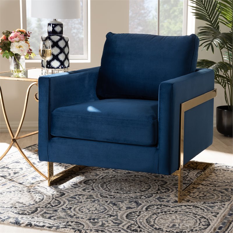 Baxton Studio Matteo Velvet Fabric with Gold Finish Accent Chair in Royal Blue