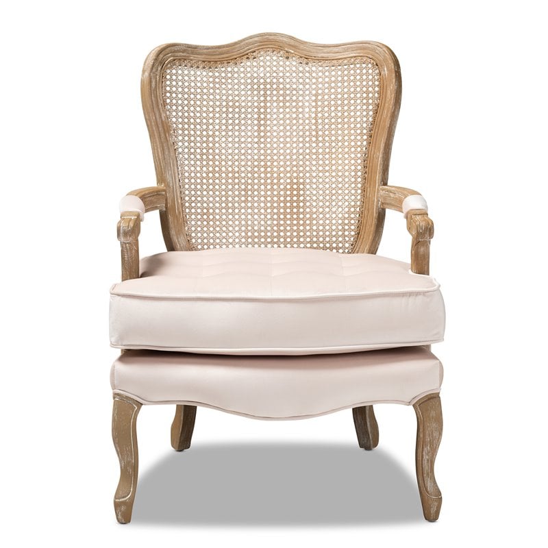 Baxton Studio Vallea Velvet Fabric and Oak Wood Accent Chair in Light Beige