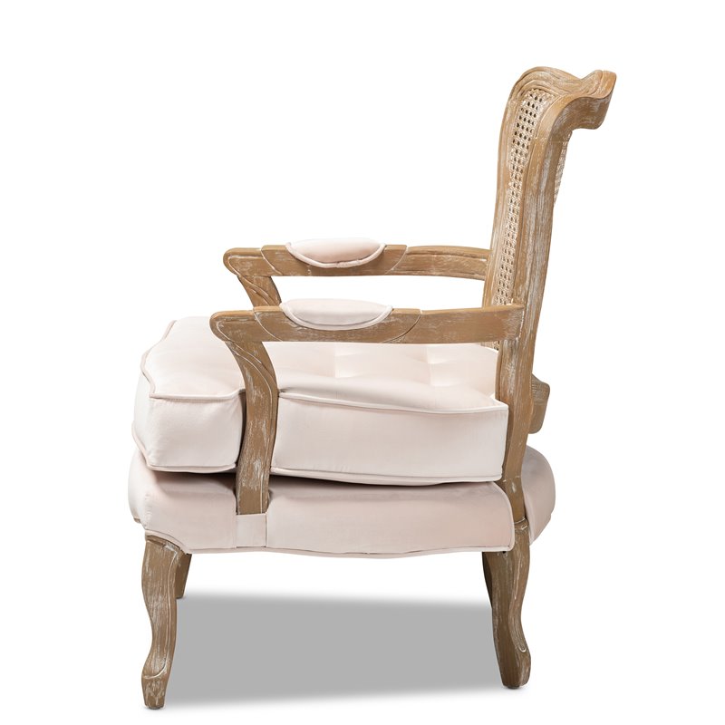 Baxton Studio Vallea Velvet Fabric and Oak Wood Accent Chair in Light Beige