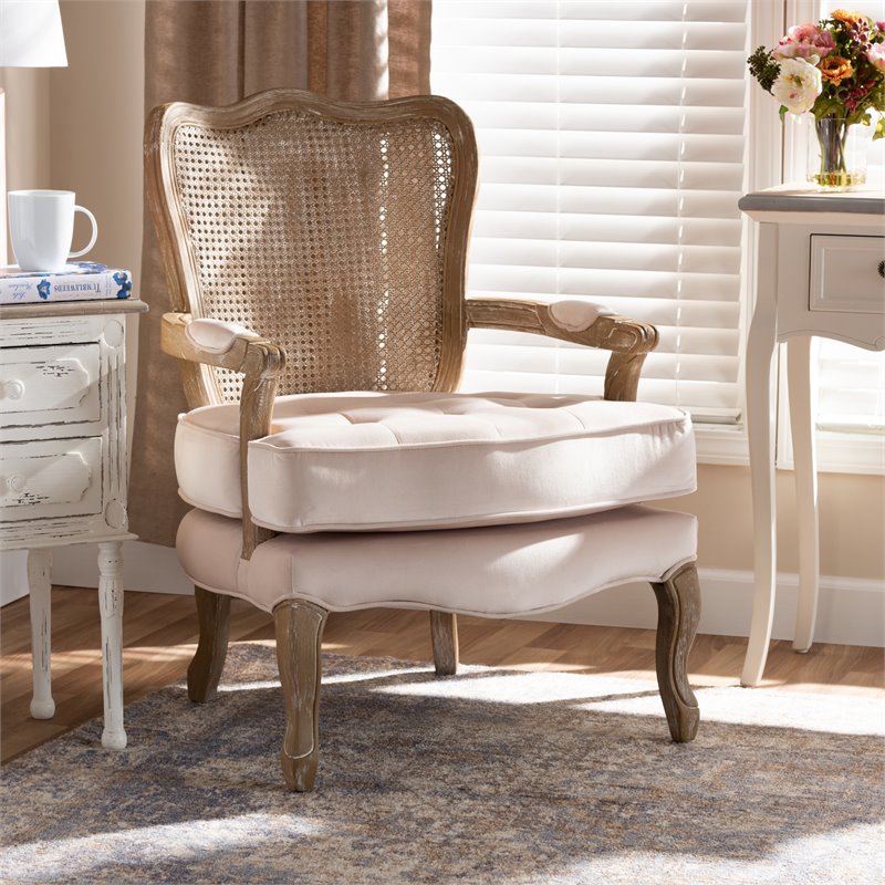 Baxton Studio Vallea Velvet Fabric and Oak Wood Accent Chair in Light Beige