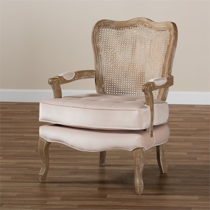 Baxton Studio Vallea Velvet Fabric and Oak Wood Accent Chair in Light Beige