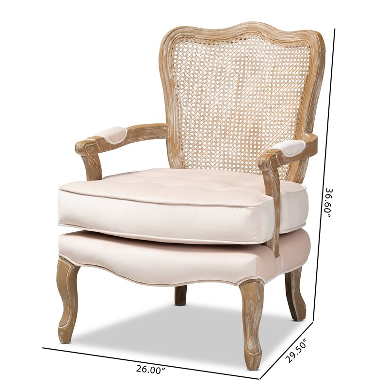 Baxton Studio Vallea Velvet Fabric and Oak Wood Accent Chair in Light Beige