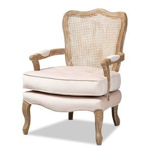 baxton studio vallea velvet fabric and oak wood accent chair in light beige