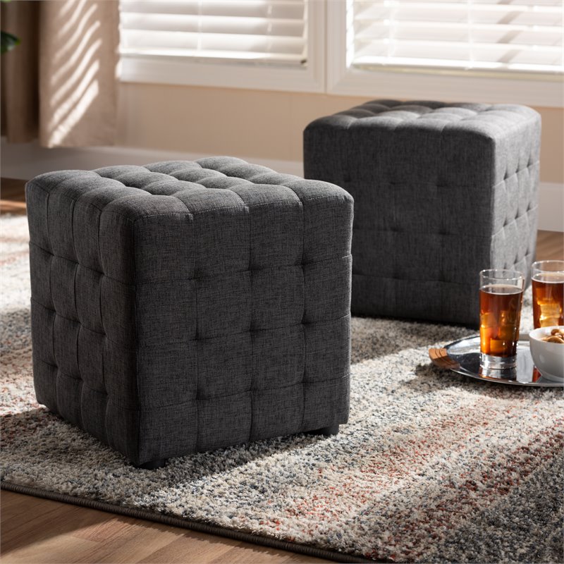 Baxton Studio Elladio Upholstered Wood Cube Ottoman in Dark Gray - Set of 2