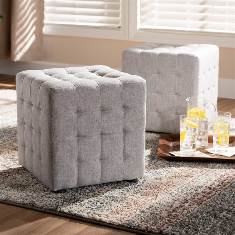 Baxton Studio Elladio Upholstered Wood Cube Ottoman in Gray Beige - Set of 2