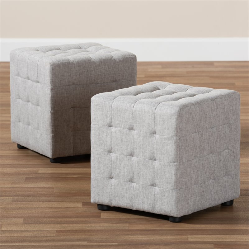 Baxton Studio Elladio Upholstered Wood Cube Ottoman in Gray Beige - Set of 2