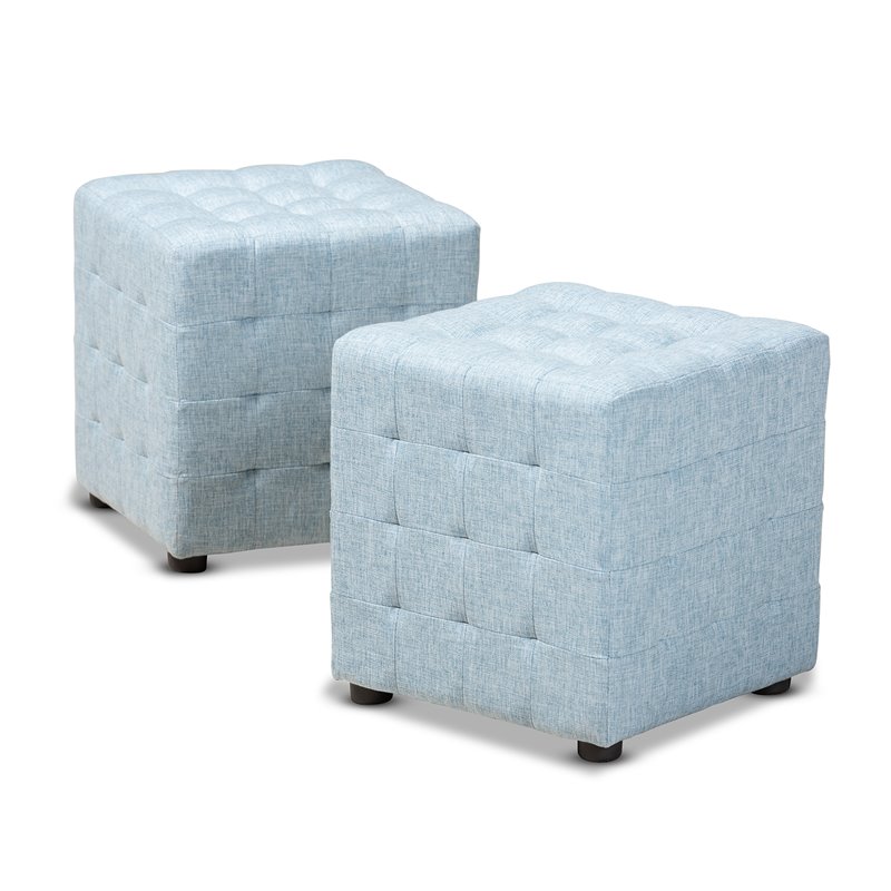 Baxton Studio Elladio  Upholstered Wood Cube Ottoman in Light Blue - Set of 2