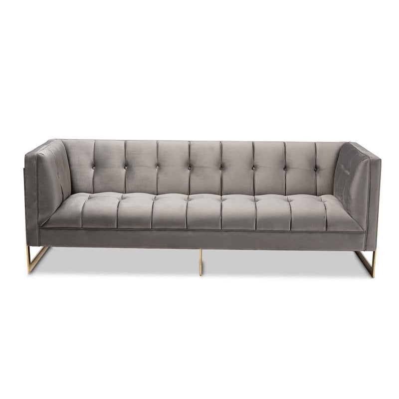 Baxton Studio Ambra Modern Velvet and Gold Finish Sofa in Gray