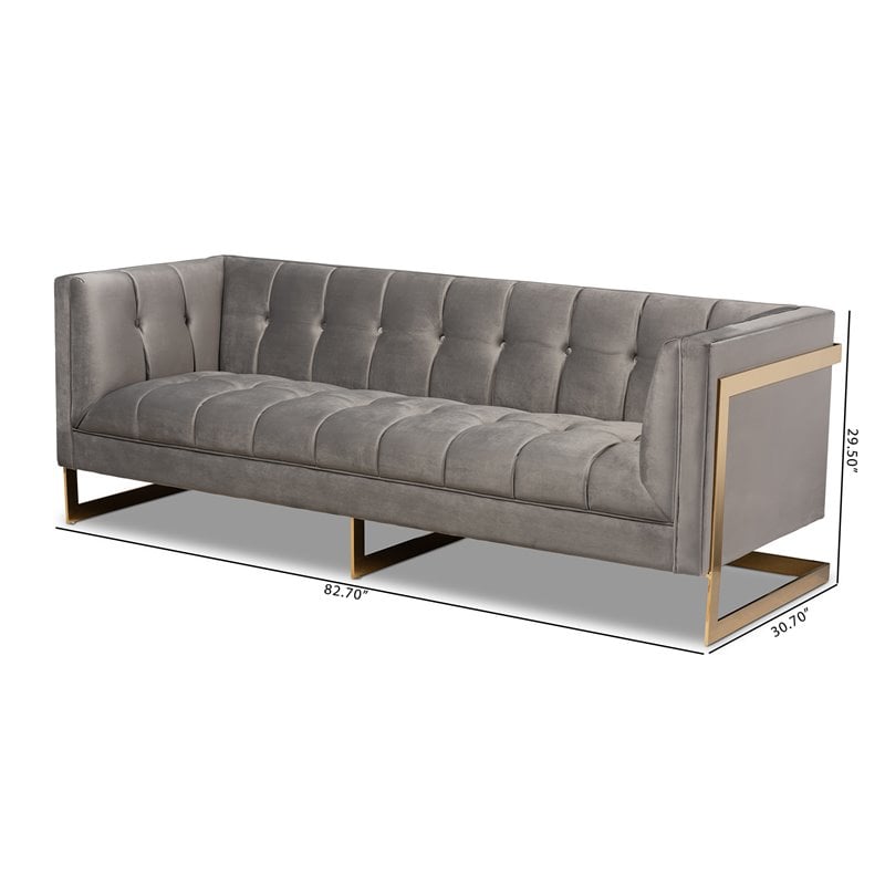 Baxton Studio Ambra Modern Velvet and Gold Finish Sofa in Gray