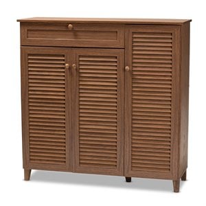 baxton studio coolidge wood 11-shelf and drawer shoe cabinet in walnut brown