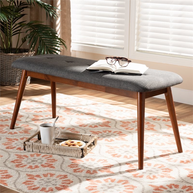 Baxton Studio Flora Upholstered Wood Bench in Dark Gray and Medium Oak