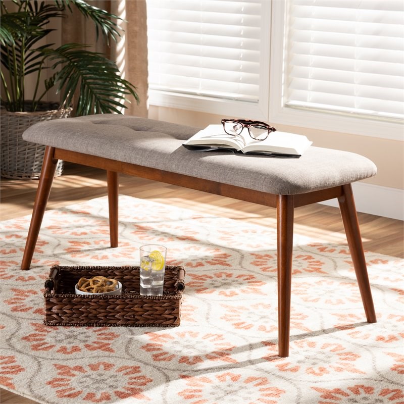 Baxton Studio Flora Upholstered Wood Bench in Light Gray and Medium Oak