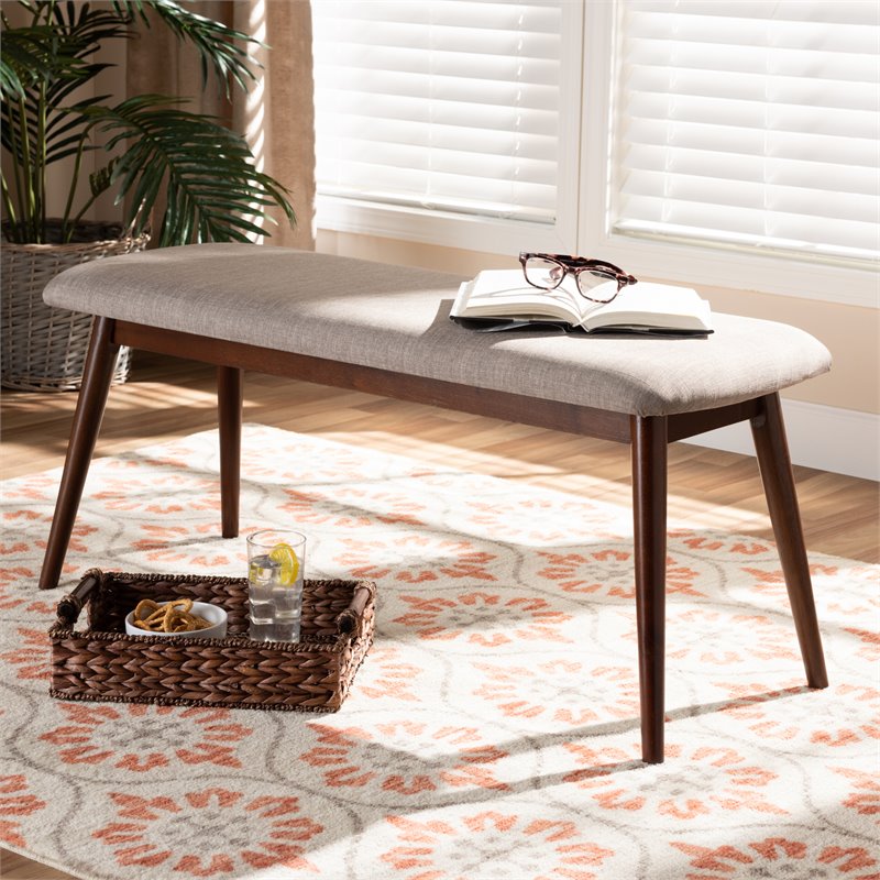 Baxton Studio Flora Upholstered Wood Bench in Light Gray and Walnut