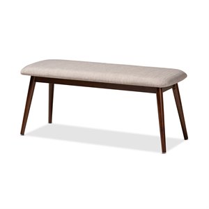 baxton studio flora upholstered wood bench in light gray and walnut