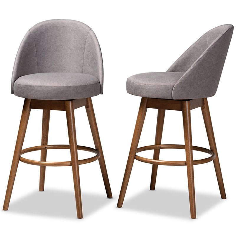 Baxton Studio Carra Gray Upholstered Swivel Bar Stool in Walnut - Set of 2