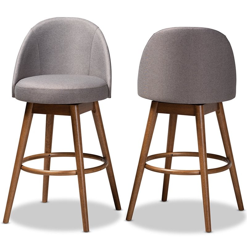 Baxton Studio Carra Gray Upholstered Swivel Bar Stool in Walnut - Set of 2