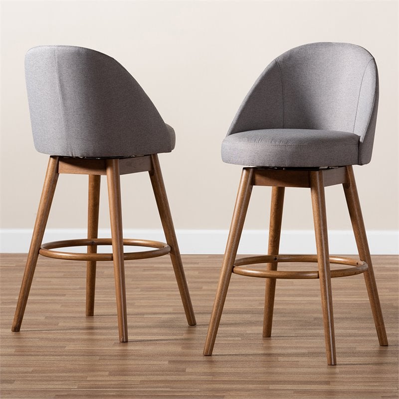 Baxton Studio Carra Gray Upholstered Swivel Bar Stool in Walnut - Set of 2