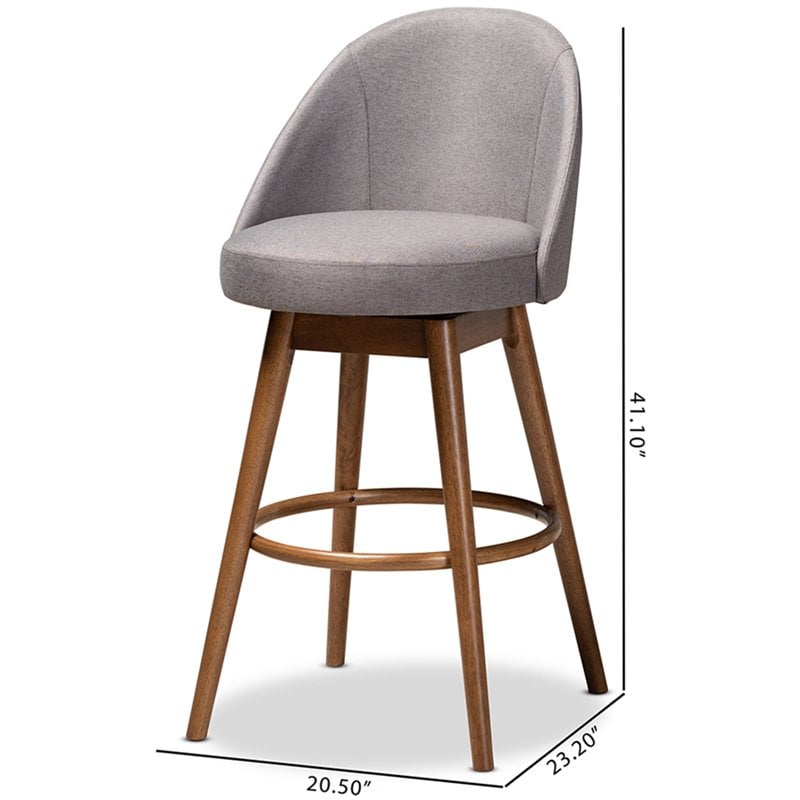 Baxton Studio Carra Gray Upholstered Swivel Bar Stool in Walnut - Set of 2