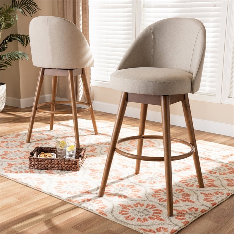 Baxton Studio Carra Beige Upholstered Swivel Bar Stool in Walnut Set of 2