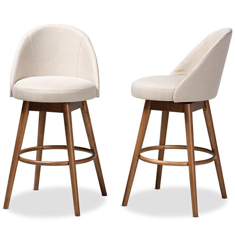 Baxton Studio Carra Beige Upholstered Swivel Bar Stool in Walnut Set of 2