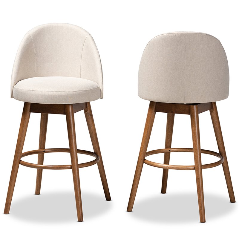 Baxton Studio Carra Beige Upholstered Swivel Bar Stool in Walnut Set of 2