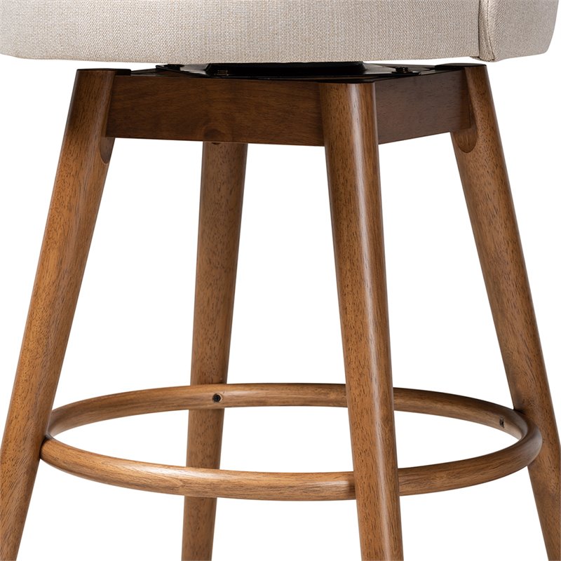 Baxton Studio Carra Beige Upholstered Swivel Bar Stool in Walnut Set of 2