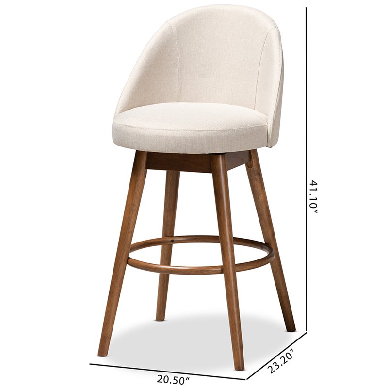 Baxton Studio Carra Beige Upholstered Swivel Bar Stool in Walnut Set of 2