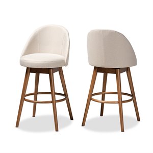 Baxton Studio Carra Beige Upholstered Swivel Bar Stool in Walnut Set of 2