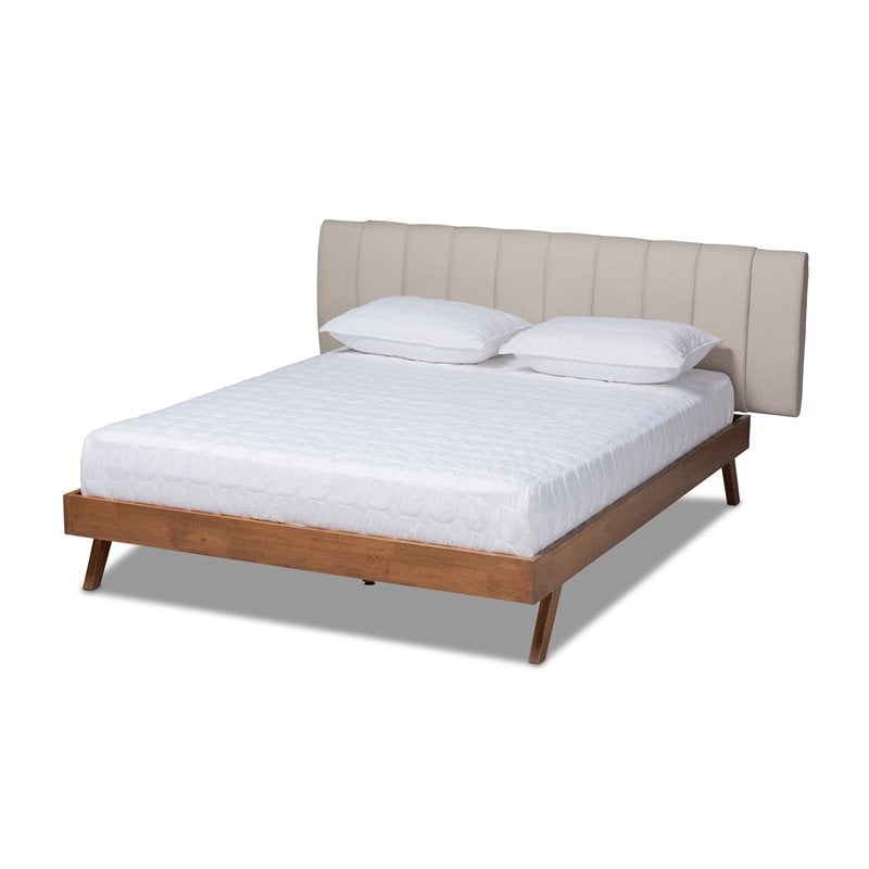 Baxton Studio Brita Upholstered Platform Queen Bed in Light Beige and Walnut