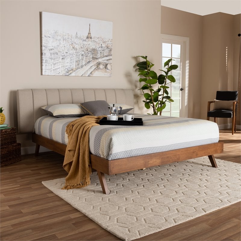 Baxton Studio Brita King Size Light Beige Upholstered Walnut Bed