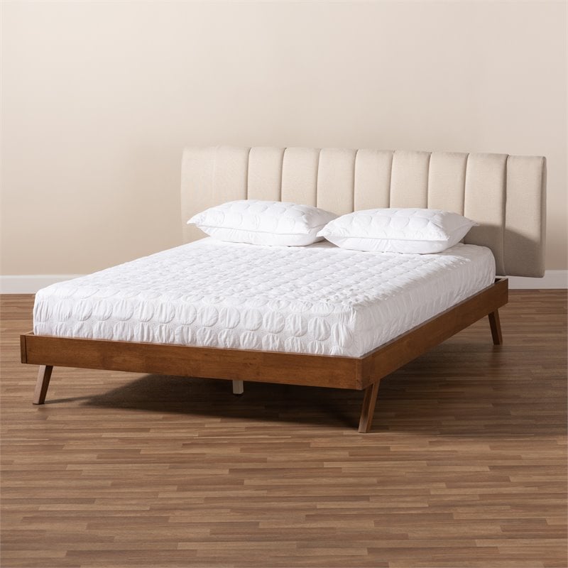 Baxton Studio Brita King Size Light Beige Upholstered Walnut Bed