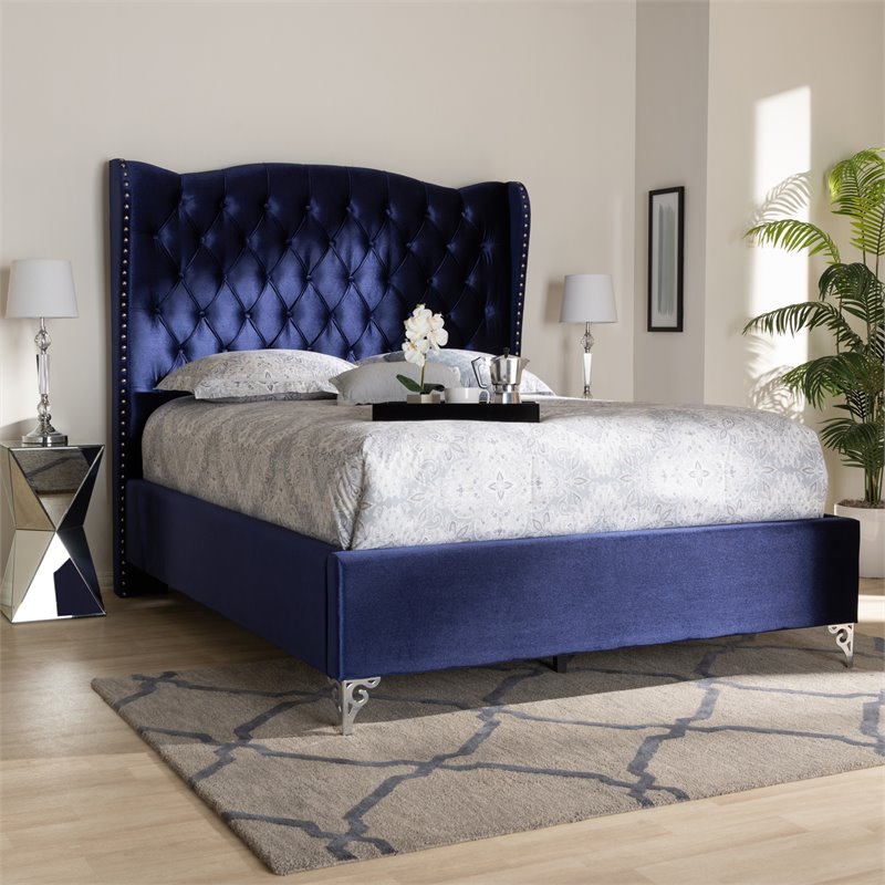 Baxton Studio Hanne Purple Blue Velvet Queen Size Wingback Bed Cymax