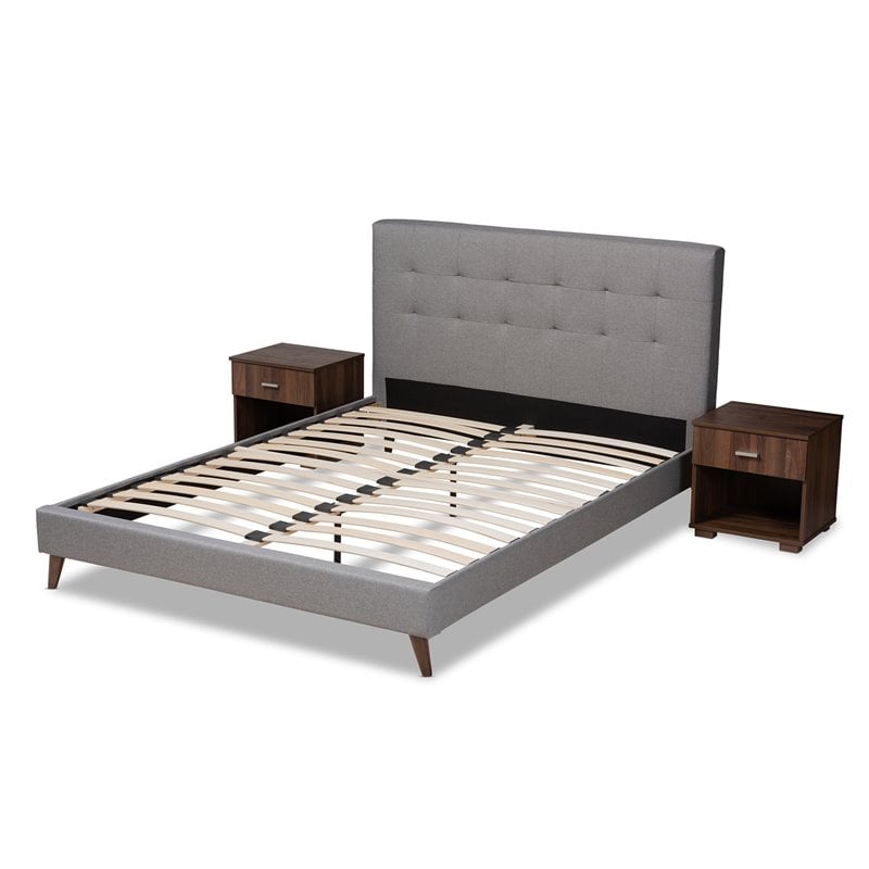 Baxton Studio Queen Size Maren Light Grey Platform Bed with Nightstands