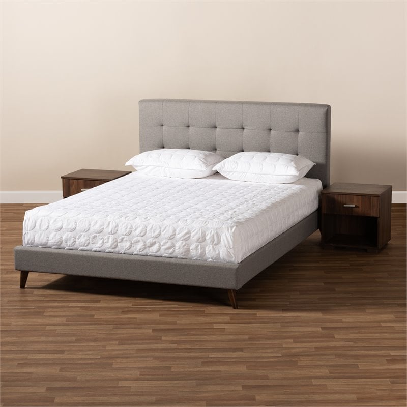Baxton Studio Queen Size Maren Light Grey Platform Bed with Nightstands