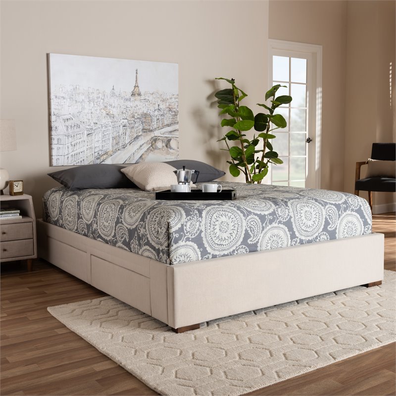 Baxton Studio Leni 4-Drawer Storage King Bed in Beige