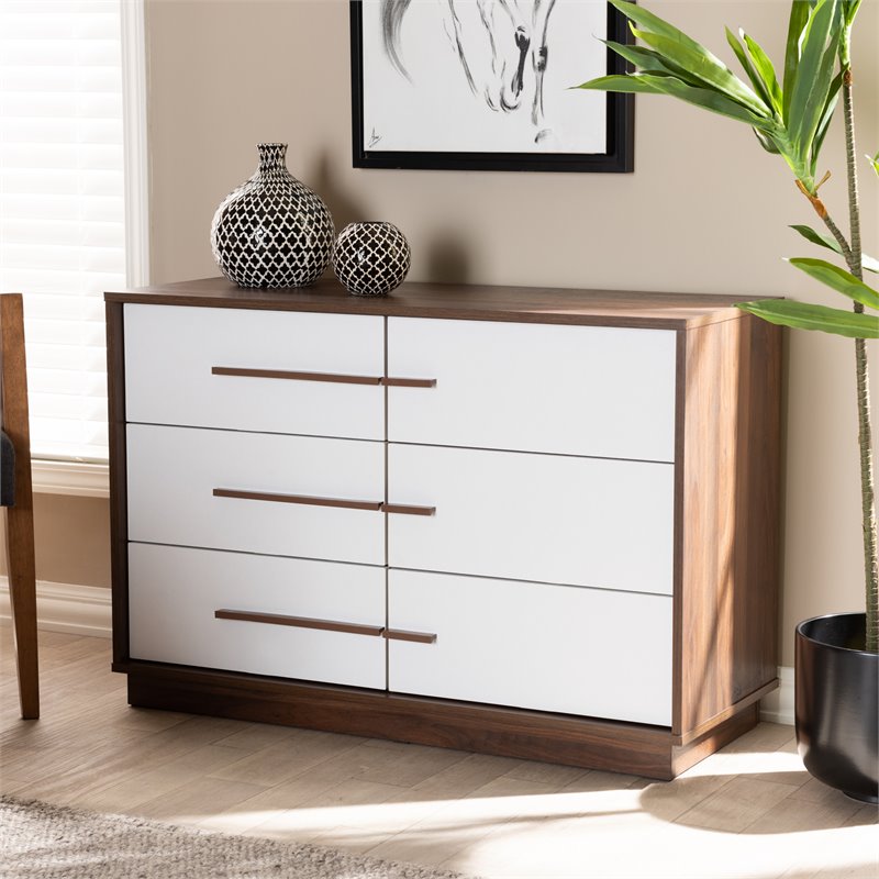 Baxton Studio Mette Mid Century 6 Drawer Wood Dresser In White And Walnut 157 21003 9522 Cymx