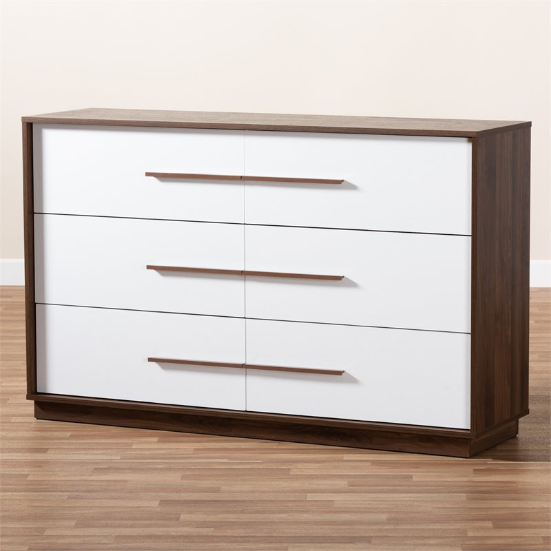 Baxton Studio Mette 6-Drawer Wood Dresser in White and Walnut