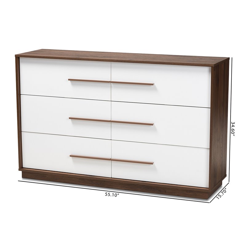 Baxton Studio Mette 6-Drawer Wood Dresser in White and Walnut