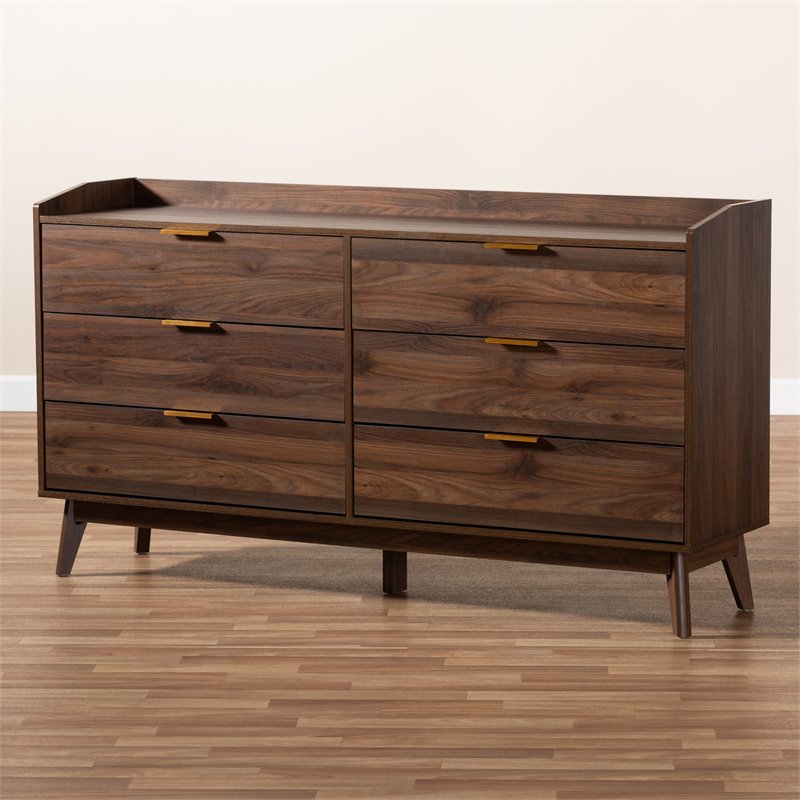 Baxton Studio Lena Mid-Century 6-Drawer Wood Dresser in Walnut and Brown