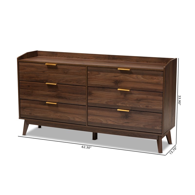Baxton Studio Lena Mid-Century 6-Drawer Wood Dresser in Walnut and Brown
