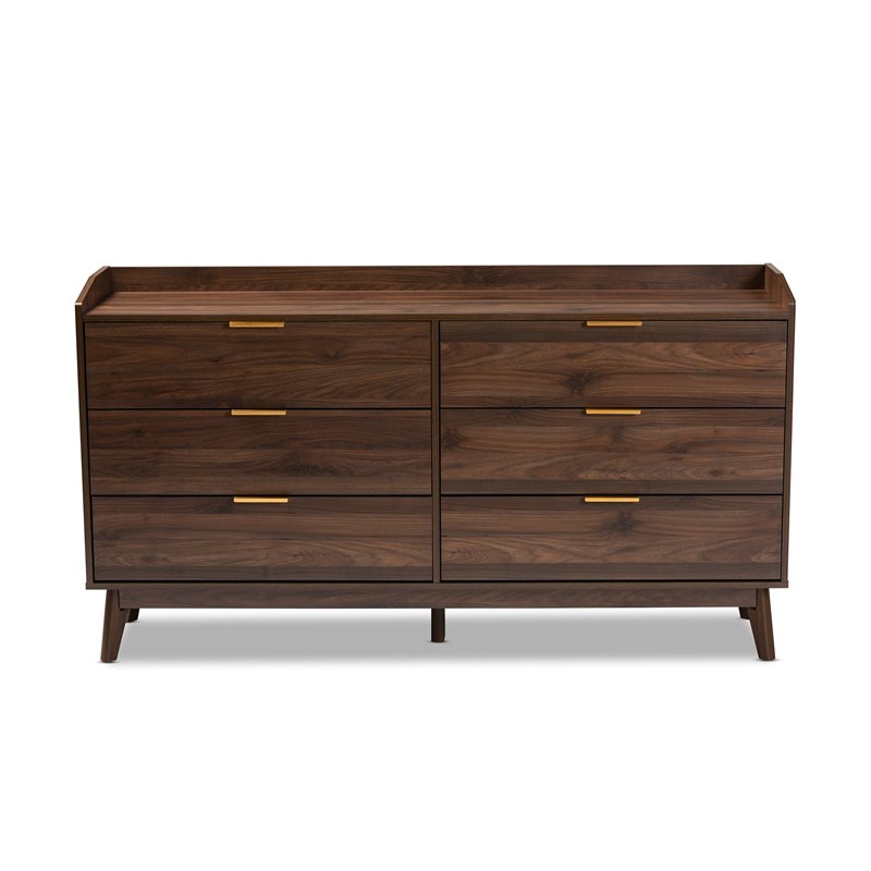 Baxton Studio Lena Mid-Century 6-Drawer Wood Dresser in Walnut and Brown