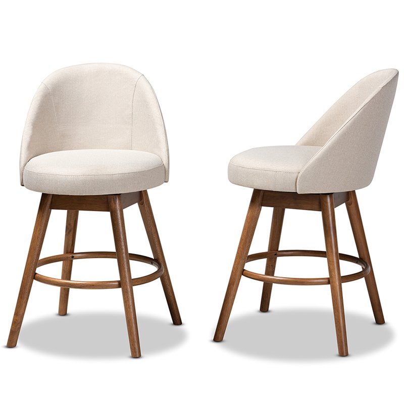 Baxton Carra Light Beige Upholstered Swivel Counter Stool in Walnut Set of 2