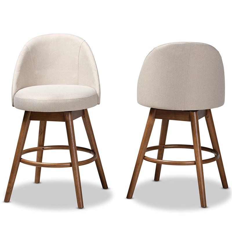 Baxton Carra Light Beige Upholstered Swivel Counter Stool in Walnut Set of 2